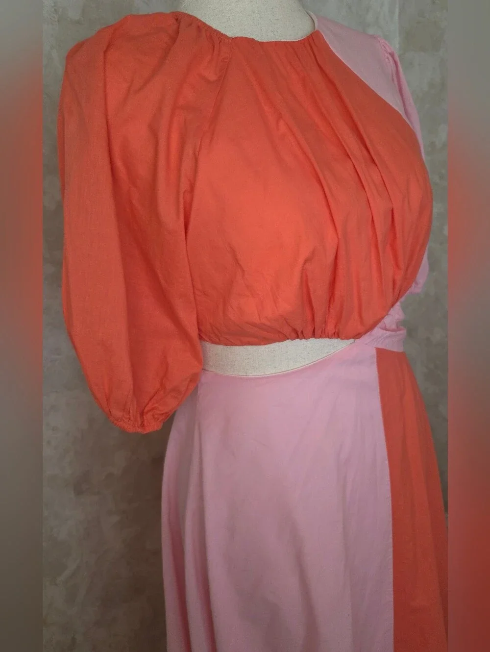 Colorblock Cutout Midi Dress Pink Coral Puff Sleeve Boutique LA Jolie NWOT - Picture 2 of 13